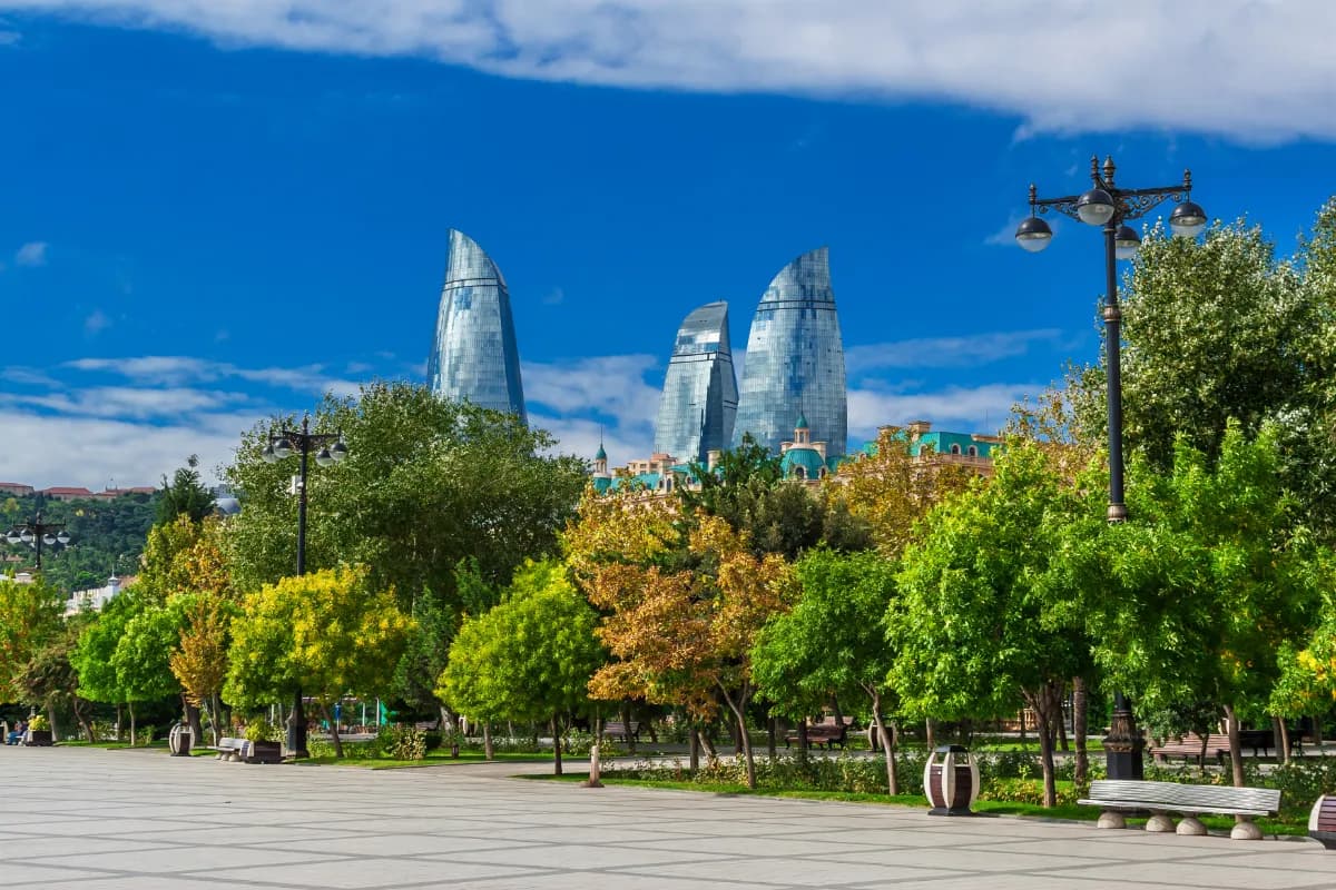 Flame towers in the cityscape